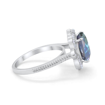 Halo Emerald Cut Engagement Ring Simulated Rainbow CZ 925 Sterling Silver